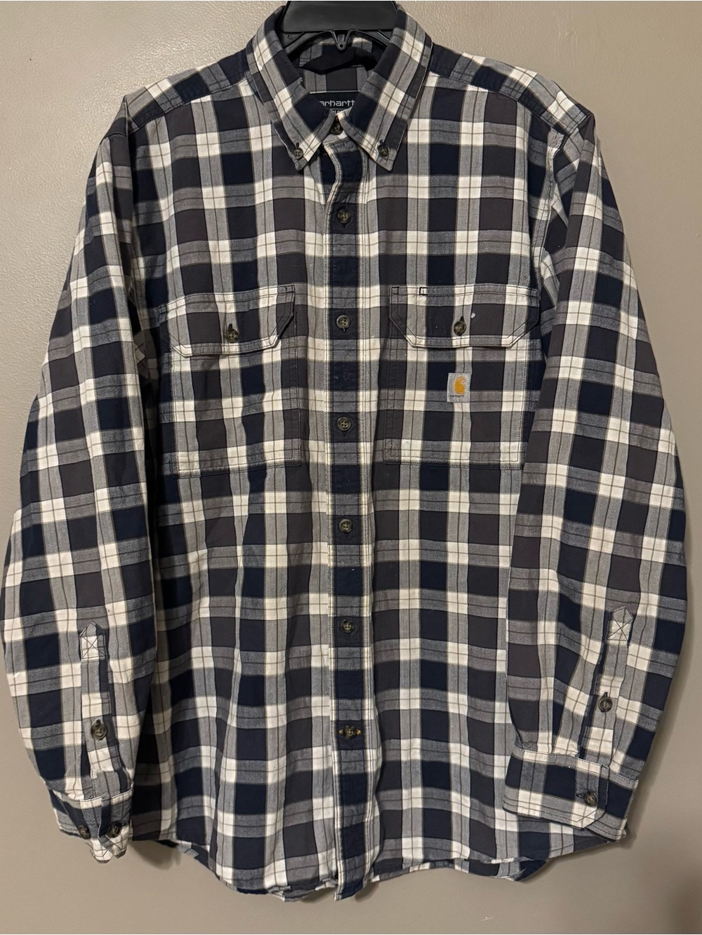 Carhartt Navy White Button Down Plaid Flannel Longsleeve Men’s Medium Loose Fit